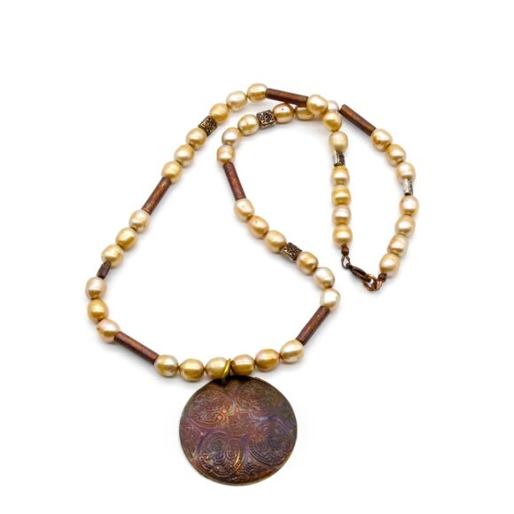 Vintage Baroque Pearl and Bronze Necklace, Metal Tube Beads and Embossed Disc - Picture 1 of 5